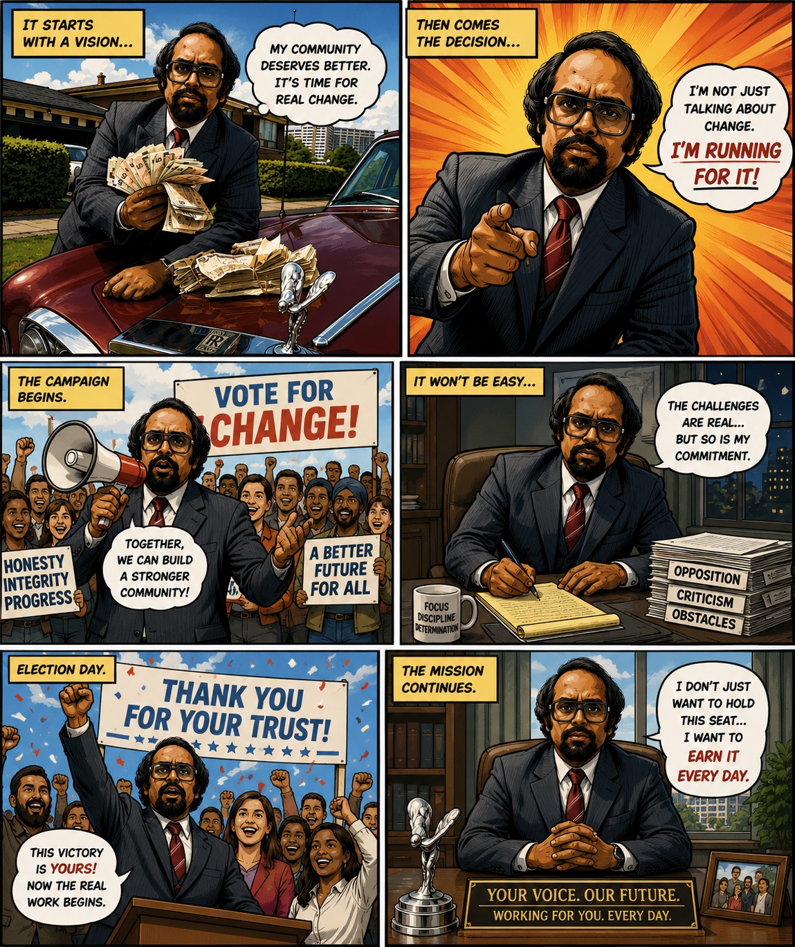 Comic strip of Sherland Chhangur’s campaign journey, from a vision for change to election day
