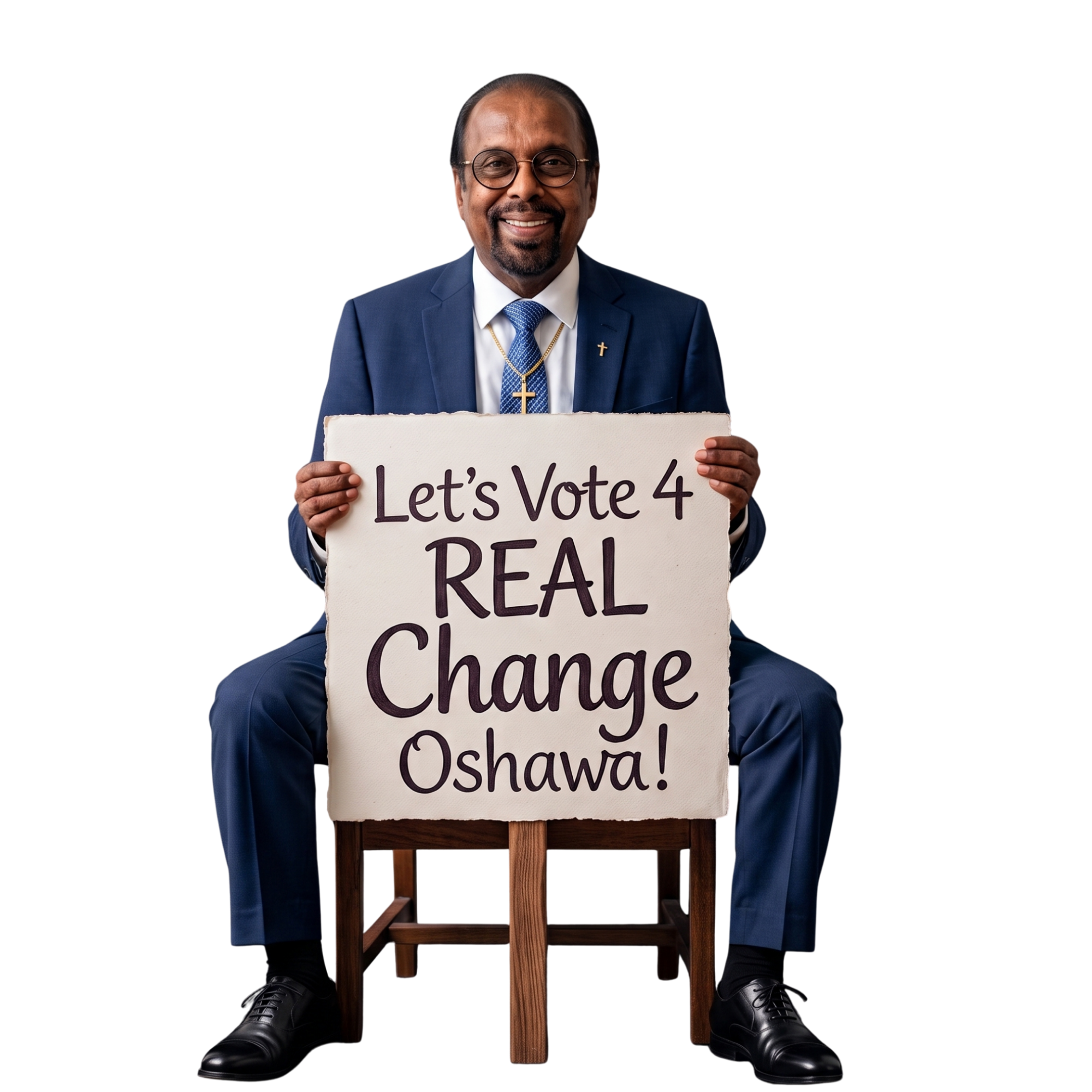 Sherland holding a sign reading Let’s Vote 4 REAL Change Oshawa